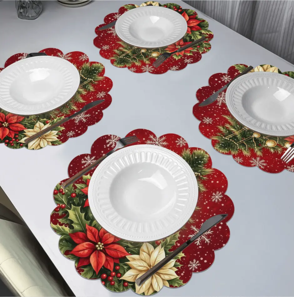4 pcs vintage red-bottomed round Christmas placemats, American country-style Christmas table decoration gift, suitable for Christmas home banquets and family holiday parties, perfect for American country-style home dining table decor