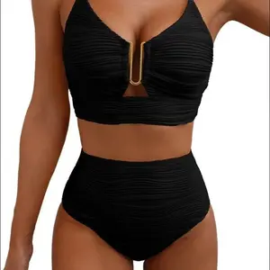 2026 new European and American cross-border split bikini metal buckle solid color gathering high waist and thin swimsuit swim suit bathing bottom set cutout tummy control coverage full beach holiday women tankini women's