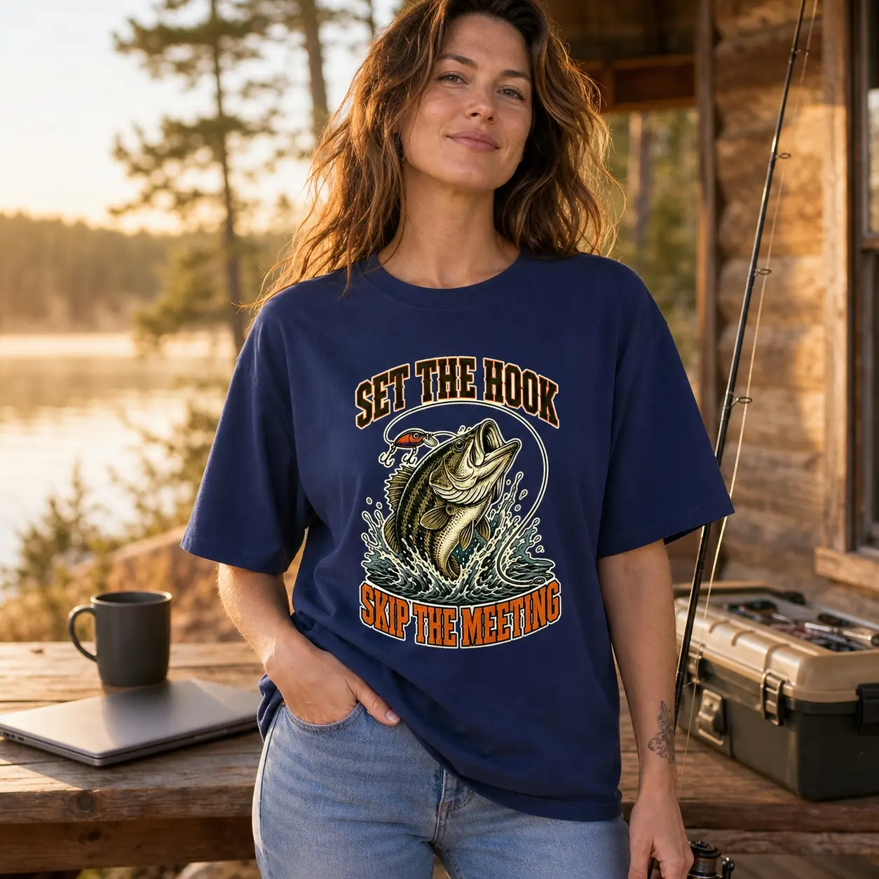 XTAUTO Set The Hook Skip The Meeting Fishing T-Shirt, Unisex 220G Cotton Regular Fit Crew Neck with Retro Largemouth Bass and Lure Graphic for Anglers, Men and Women