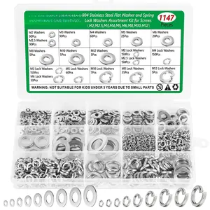 1147 count Flat and Spring Lock Washers Assortment Kit, Metric Split Lock Washers for Screws , 304 Stainless Steel, 9 Sizes-M2 M2.5 M3 M4 M5 M6 M8 M10 M12 for , Factories, Kitchens, Shops