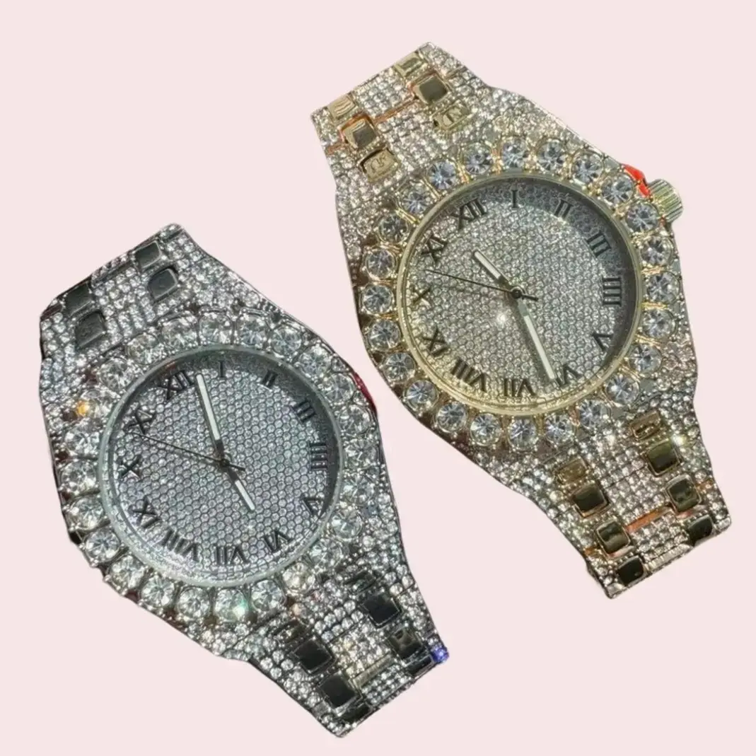 Unisex Quartz Wristwatch - Frost Full-Diamond Model, Roman Numeral Dial, Sequin-Diamond Strap, Dual Silver-Gold Color Scheme, Hip-Hop Couple Style