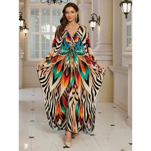 Women's Kaftan Dress Plus Size V-Neck Batwing Sleeve Beach Cover-up 2025 Fall Floral Print Kaftan Dress