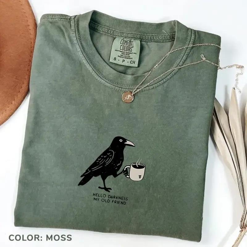 Comfort Colors Hello Darkness My Old Friend T-shirt, Black Bird Coffee T-shirt, Oversized Tee, Gift For Coffee Lover Tee – AK