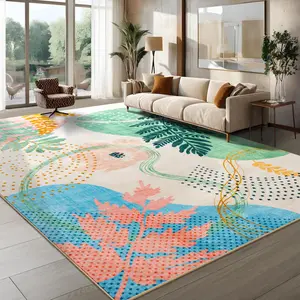 RUNIA Boho Area Rugs,  Luxury Soft Vintage Carpets, Washable Faux Wool with Floral Design Mats, Non-Slip Area Rug for Living Room, Bedroom, Office & Dining