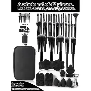 47PCS Ultimate Makeup Tools Set with 30 Brushes 3 Sponges 3 Mini Sponges 3 Powder Puffs 1 Hairband 2 Bowl Straps 1 Eyelash Curler 1 Zipper Bag for Makeup Lovers, Kit, Makeup Cosmetic Storage