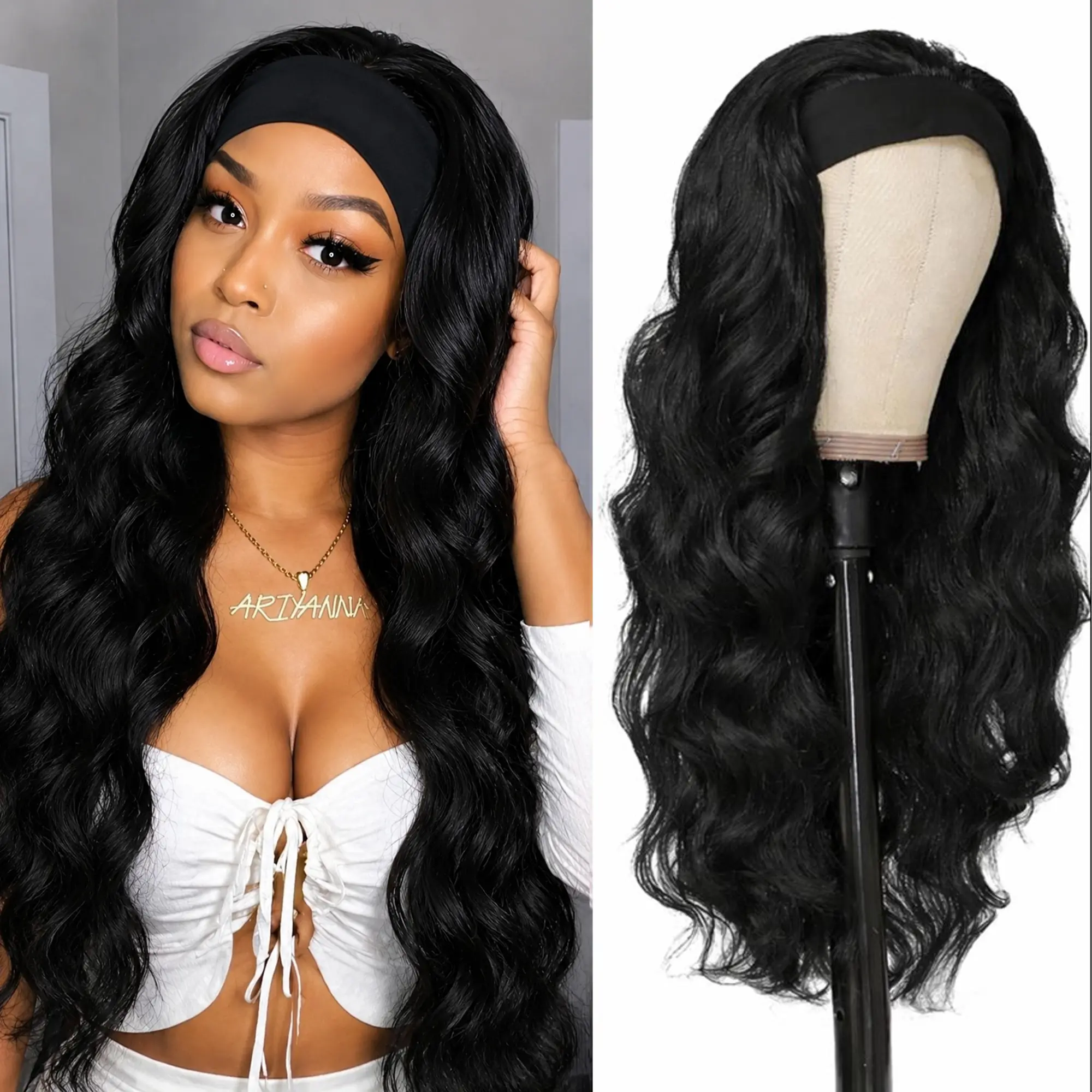 Long Body Wave Black Headband Wig - Black Loose Body Wavy Headband Wig for Women - 26 Inch Thick Soft Synthetic Wear and Go Glueless Wigs Natural Looking Easy Wear Head Band Wigs