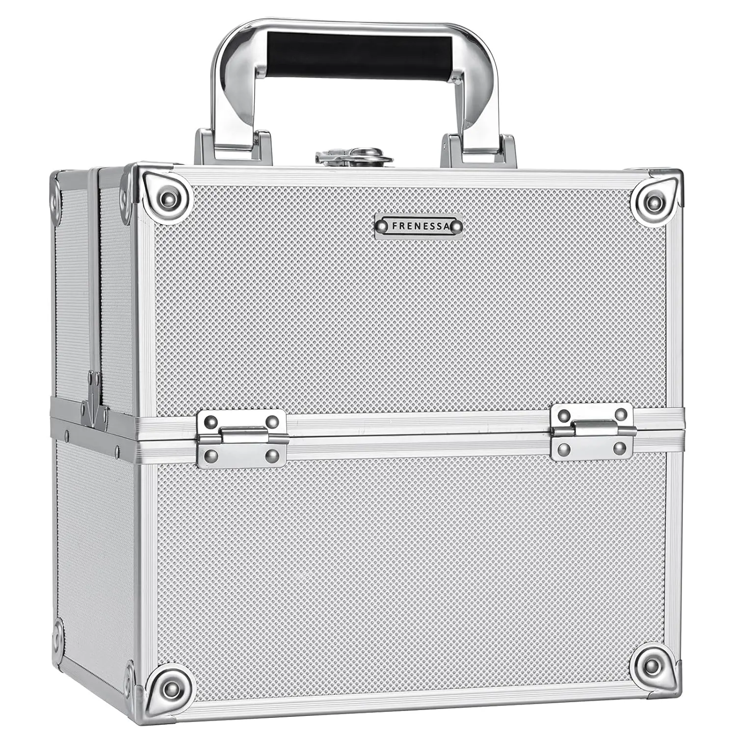 Makeup Train Case Makeup Organizer Box Portable Cosmetic Travel Case with Lock 4 Trays Aluminum Hard Vanity Box Make Up Artist Nail Beauty Storage Organizer Cosmetic Suitcase Bright Silver
