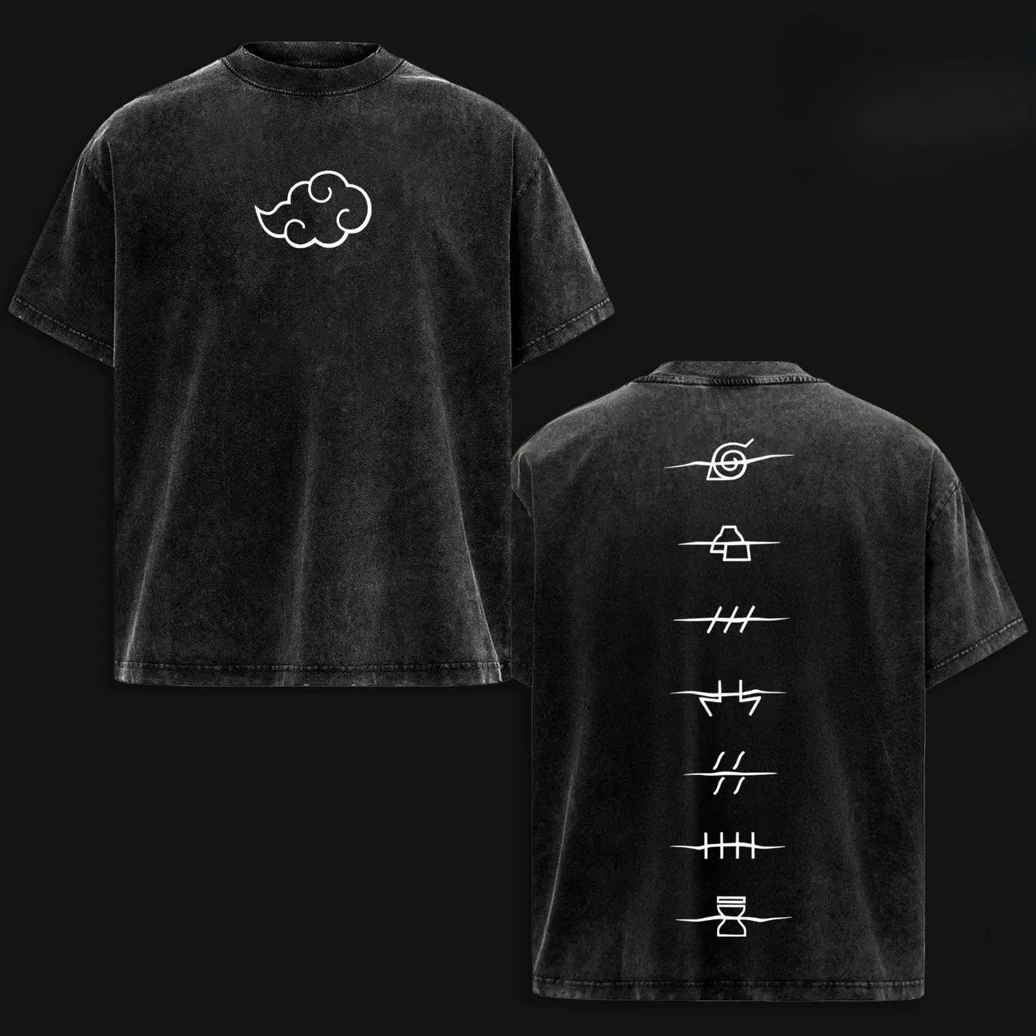 Unisex Naruto Anime Akatsuki Clan Logo Retro Washed T-Shirt - Menswear Oversize Heavyweight Cotton Short-Sleeve Round Neck Streetwear Top, High-Quality Fabric, Vintage Fashion, Naruto Fan Casual Wear