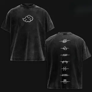 Unisex Naruto Anime Akatsuki Clan Logo Retro Washed T-Shirt - Menswear Oversize Heavyweight Cotton Short-Sleeve Round Neck Streetwear Top, High-Quality Fabric, Vintage Fashion, Naruto Fan Casual Wear