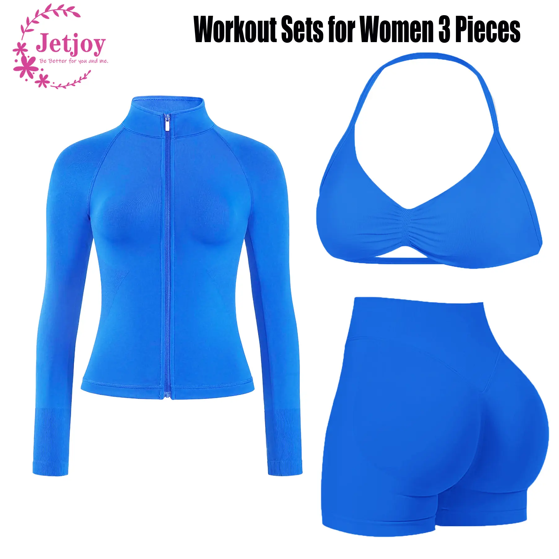 Jetjoy Women's 3-Piece Sporty Casual Seamless Athleisure Set - Halter Neck Sports Bra, High-Waisted Tummy Control Above-Knee Scrunch Butt Shorts, Ribbed Knit High Stretch Long-Sleeve Cropped Slim-Fit Shirt Jacket, All-Seasons Fitness Clothes