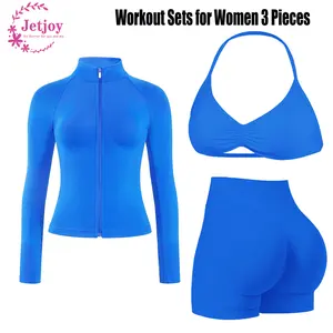 Jetjoy Women's 3-Piece Gym Workout Set - Halter Neck Sports Bra, High-Waisted Tummy Control Above-Knee Scrunch Butt Shorts, Seamless Ribbed Knit Stretchy Long-Sleeve Cropped Slim-Fit Shirt Jacket, All-Seasons Yoga Outfit