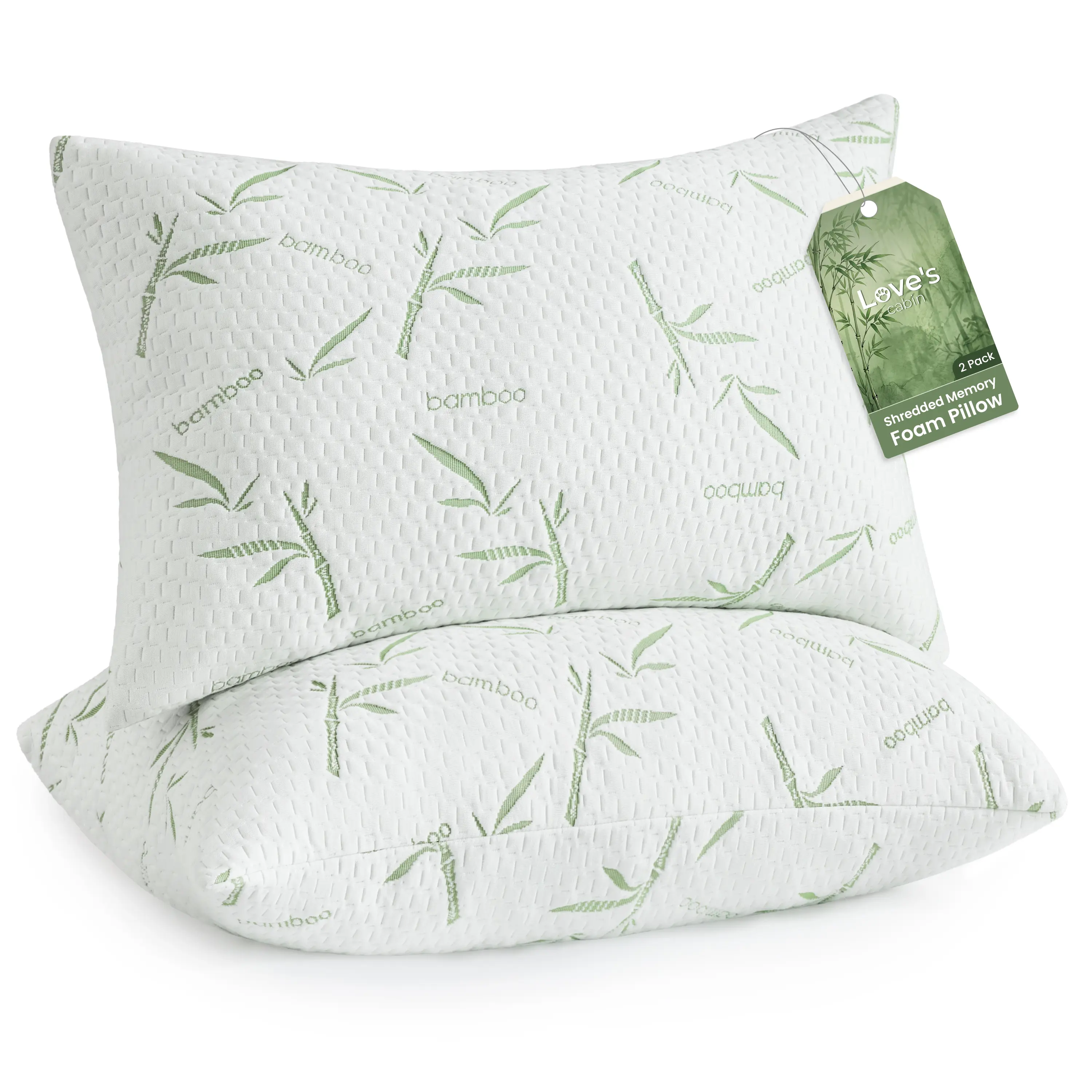 Shredded Memory Foam Pillows Set of 2, Adjustable Cooling Pillows, Rayon Derived from Bamboo Bed Pillows with Washable Cover, Comfy Support for Hot Side Back Stomach Sleepers