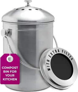 Countertop Compost Bin| 1.3 Gallon| Composting Bin with Carbon| Indoor Compost Bin with Lid| Stainless Composter for Food Scraps & Waste Recycling