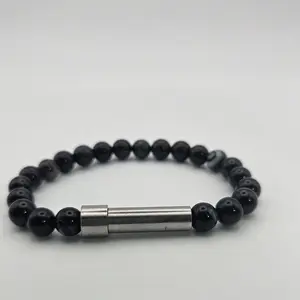 Black Onyx Agate Stretch Bracelet - Natural Crystal - Manifestation Bracelet with secret capsule for secret messages, prayers and intentions. Write down your goals for the day and carry it with you.