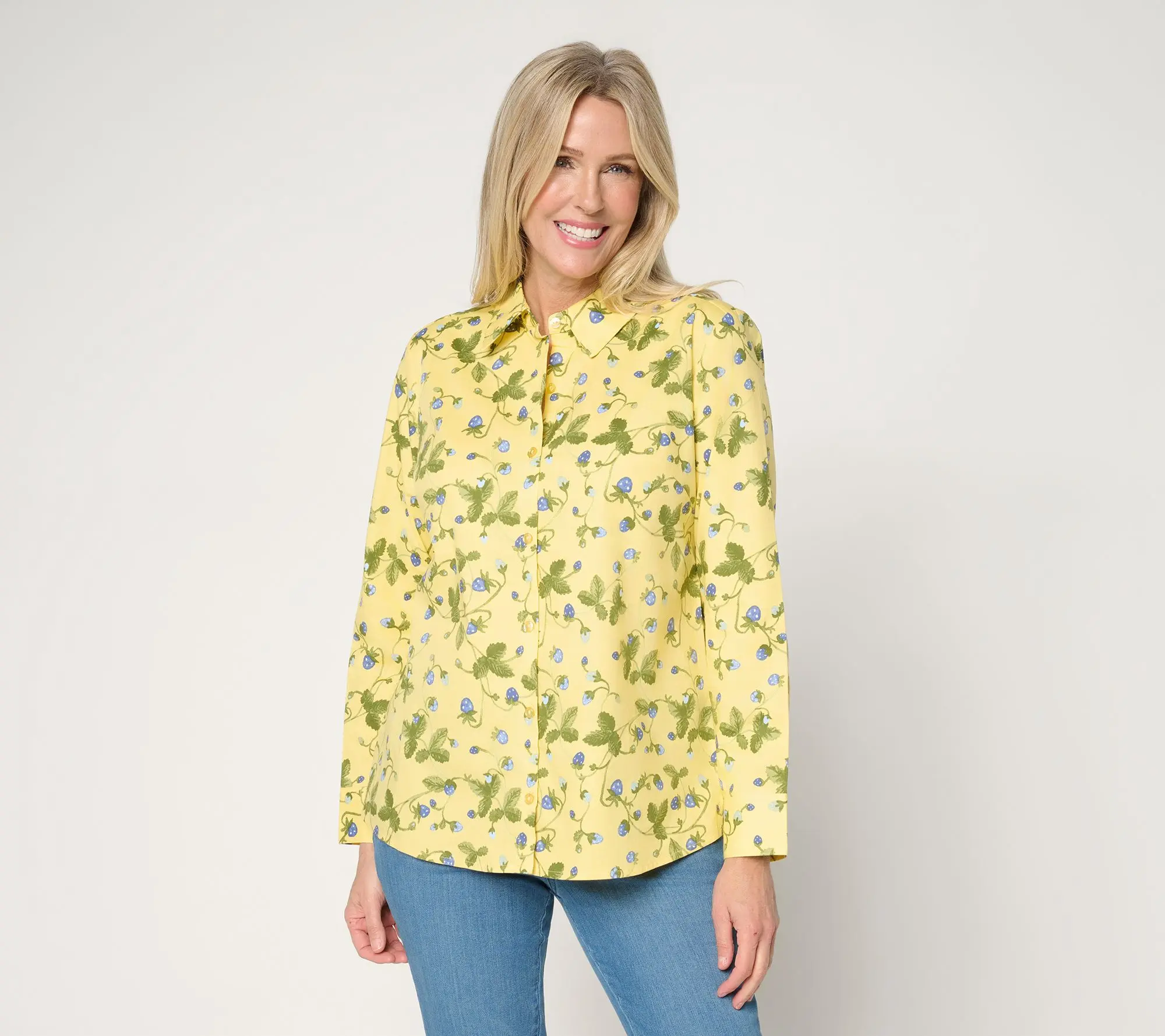 Denim & Co. Printed Button Front Long Sleeve Poplin Top