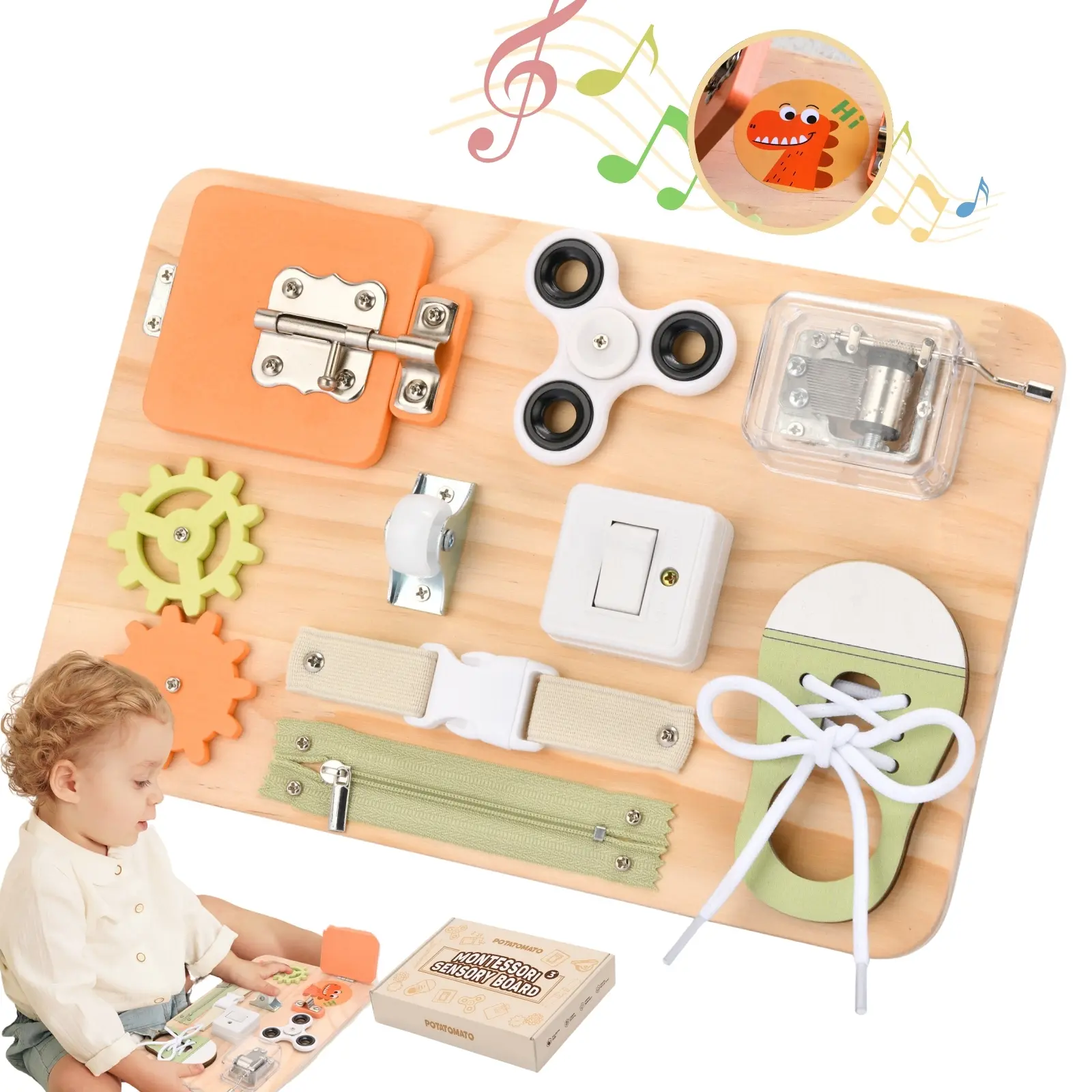 Potatomato Montessori Busy Board for Toddlers，Wooden Sensory Toy，Learning Toys，Fidget Toys ，Preschool Learning Activities for Baby ， Fine Motor Skills