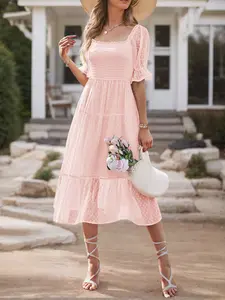 Zeagoo Women's Puff Sleeve Summer Boho Midi Dress Ruffle Flowly Swiss Dot Square Neckline Tiered Tie Strap Dress