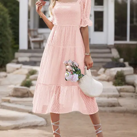 Zeagoo Women's Bohemian Cute Fitted Mid-Length Casual Dress - Square Neck, Boho Puff Sleeves, Shirred Body, Polka Dot Detail, Ruffled, Tiered, Tie Straps, Flowly Summer Dress