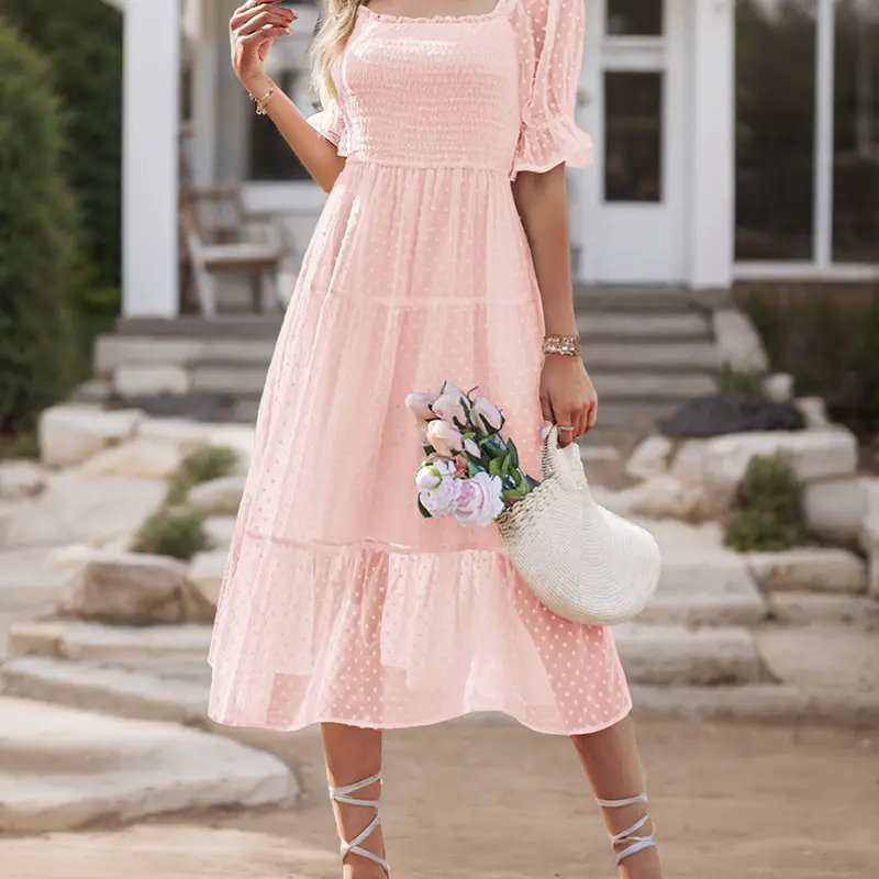 Zeagoo Women's Bohemian Cute Fitted Mid-Length Casual Dress - Square Neck, Boho Puff Sleeves, Shirred Body, Polka Dot Detail, Ruffled, Tiered, Tie Straps, Flowly Summer Dress