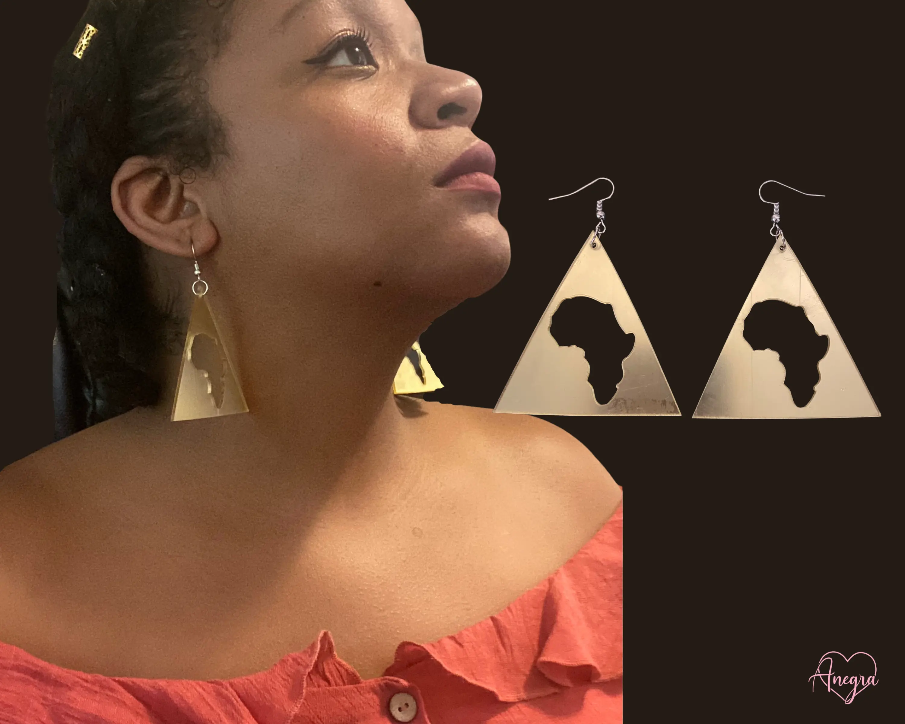Africa Map Gold Mirror Afro Dangle Earrings | Large Acrylic Triangle Statement Afrocentric Symbolic Tribal Motherland Earrings