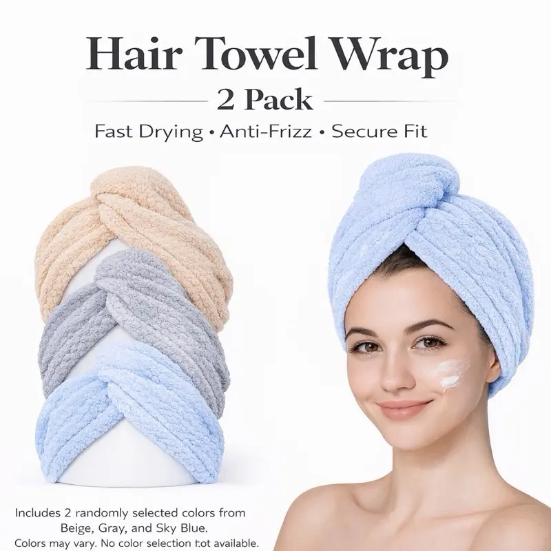 Blue & Beige 2-Pack Microfiber Hair Drying Turban Set, Unisex Waffle Texture Towels, Soft Absorbent Quick-Dry Anti-Frizz Large Secure-Fit Wet Hair Wraps