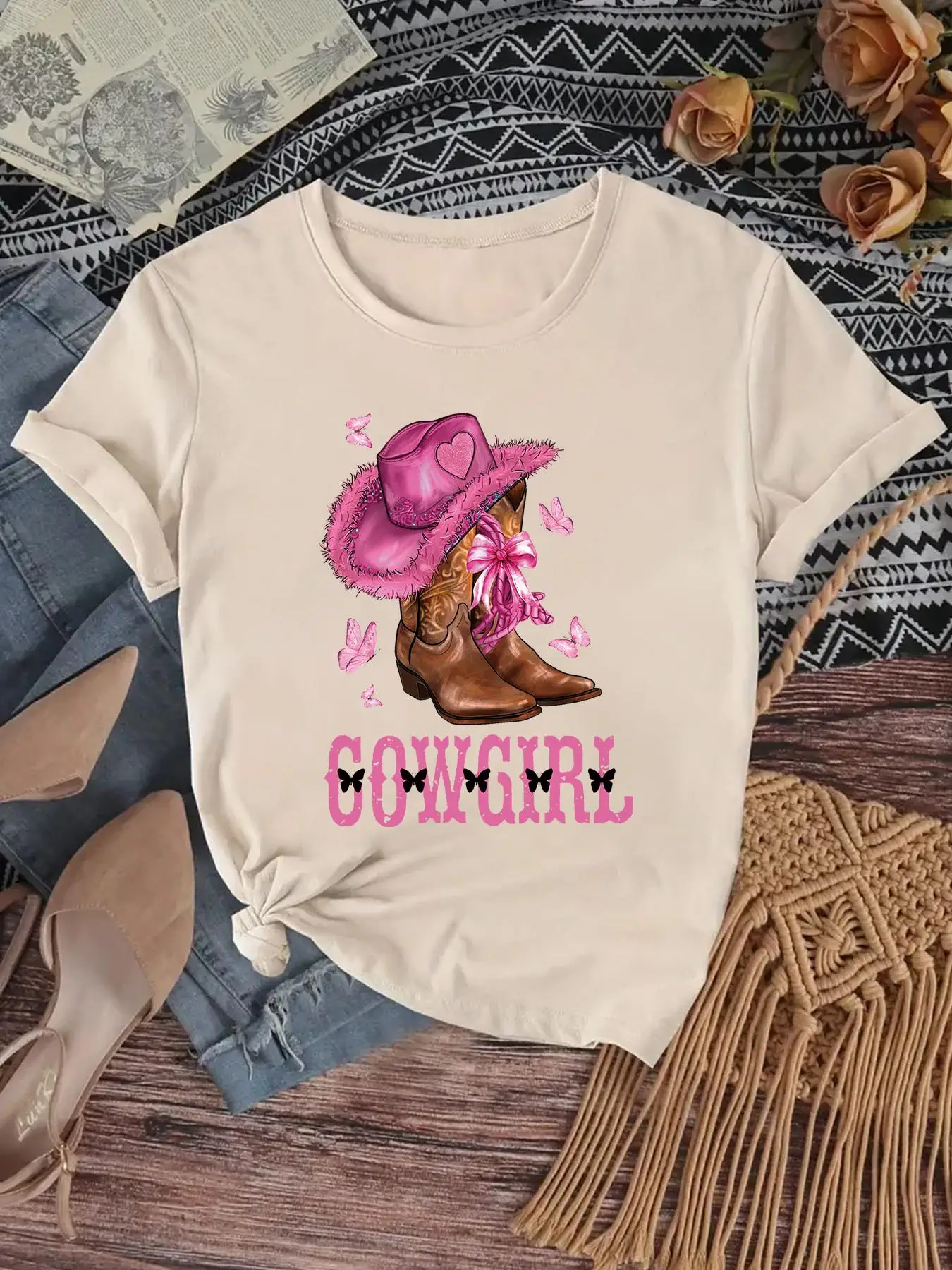 Girl's Boots Print Round Neck Tee, Fashion Casual Letter Graphic Crew Neck T-Shirt for Daily Holiday Vacation Outdoor Wear, Kids Clothes for Summer