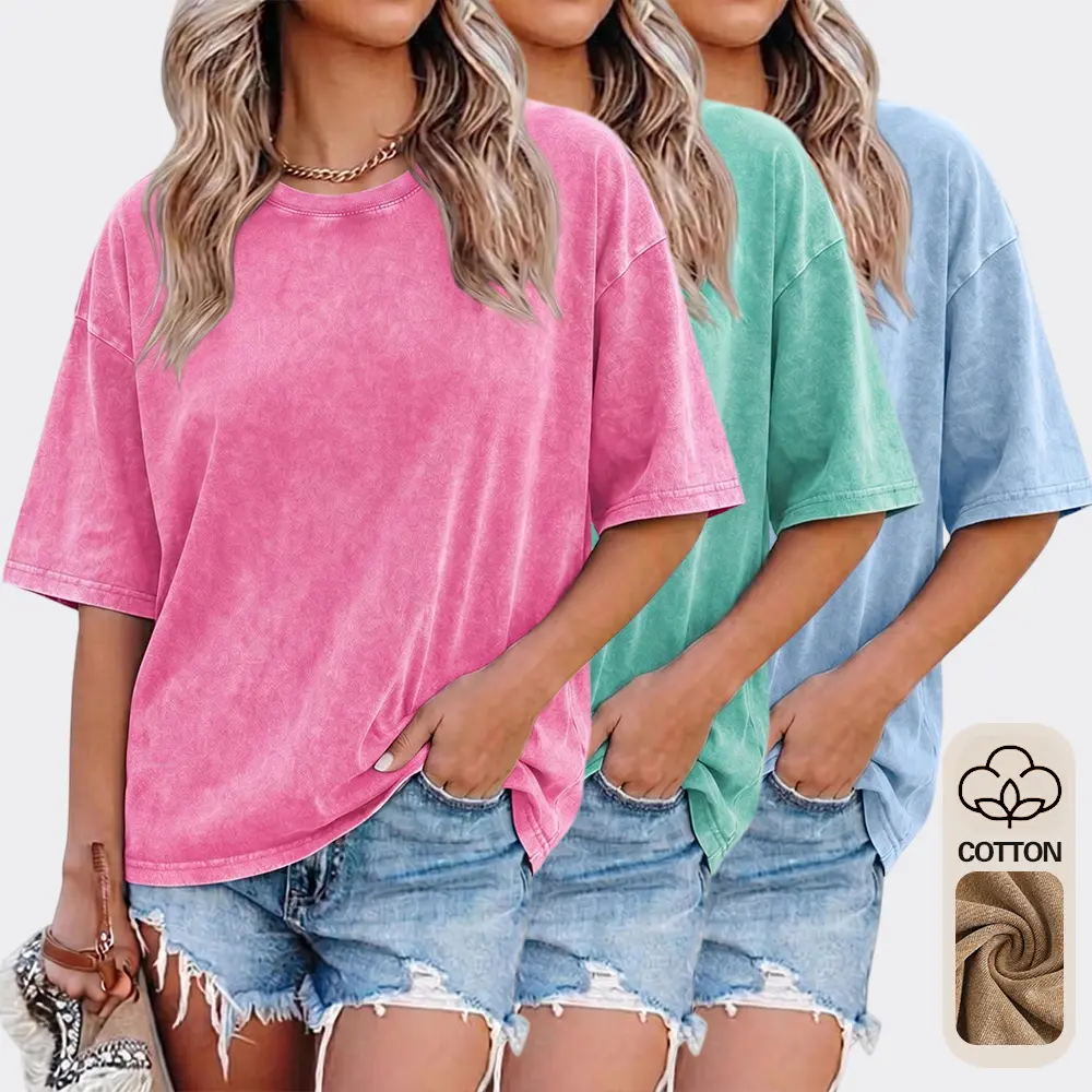 Women’s T-shirt, washed pure cotton short sleeves—fashionable retro style, high quality, soft and comfortable, ideal for everyday casual wear.