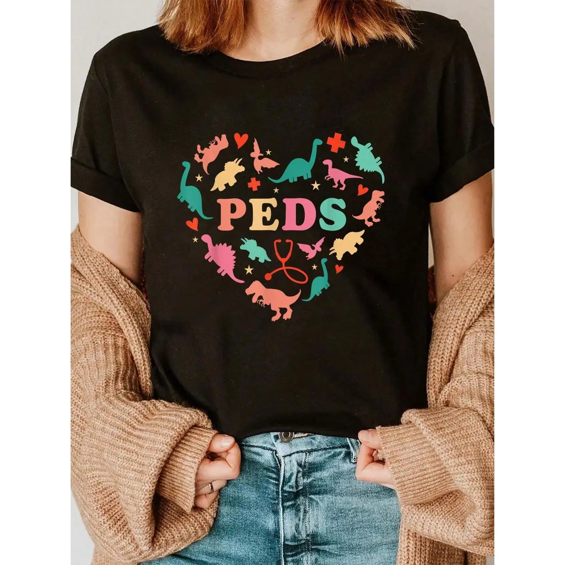 100% Cotton Pediatric Nurse Crew Cute Colorful Dinosaur Heart PEDS Crew T-Shirt Casual Short Sleeve Shirt Summer, Cotton, Casual, Short Sleeve, Graphic Tee, Soft, Breathable, Loose Fit, Streetwear, Daily Wear, T-Shirtt