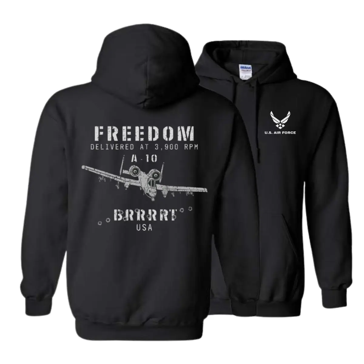 Men's A-10 Warthog Stretch Spandex Fabric Hoodie Sweatshirt Tops - 2-Side 3,900 RPM BRRRT Design, U.S. Air Force Emblem, Close Air Support Aircraft Graphic for Military Supporters & Patriots, Menswear, Classic