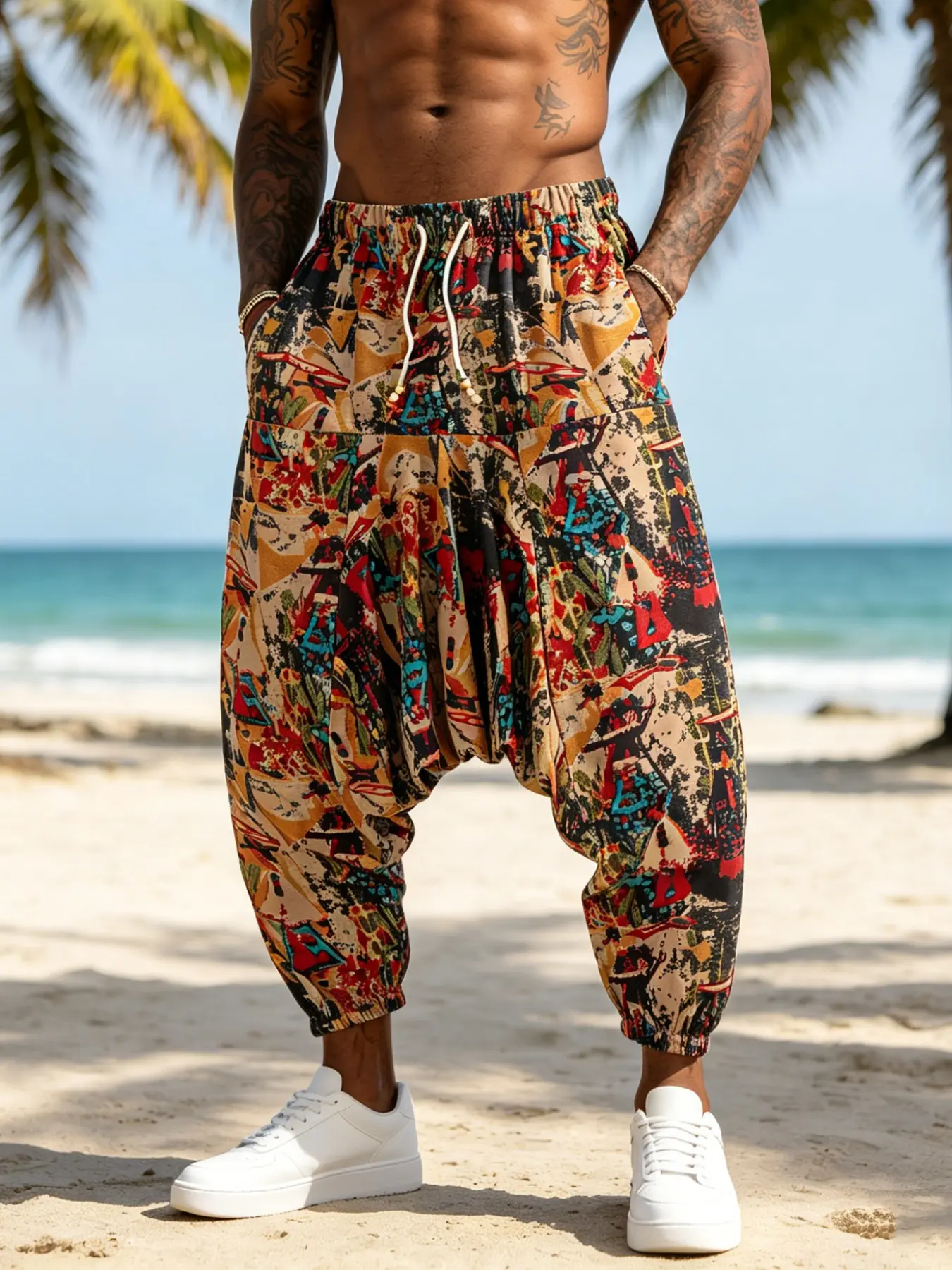 Men's Abstract Print Tropical Harem Pants, Elastic Waist Baggy Casual Trousers, Boho Elastic Pants, Bohemian Street Trousers, Ideal for Beach Vacation, Streetwear & Yoga