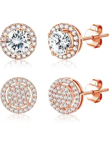 Elegant 2 Pairs Rose Golden Gentle Stud Earrings Fashion Earrings Shining Hypoallergenic Copper Earrings Set for Men Women Round CZ Stud Earrings Stud Earring Jewelry