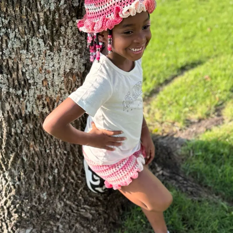 Handcrafted Crochet Ruffle Shorts & Bucket Hat Set for Cozy Casual Wear - cotton