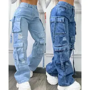 NewWomen Denim Trousers Fashionable Solid Color Versatile Multi-pocket Casual Pants Ladies Large Size High Waist Denim Jean Blue Can be used with raincoat
