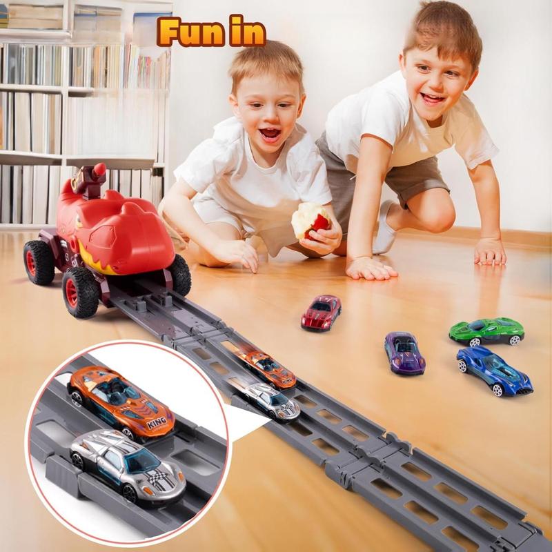 Dinosaur Truck Toys for 2 3 4 5 Year Old Boy with 6 Die-Cast Metal Toy Cars, Gifts for 2 3 4 5 Year Old Boys, Foldable Track & Missile Launcher, Birthday Gift Idea for Toys for Ages 2-4