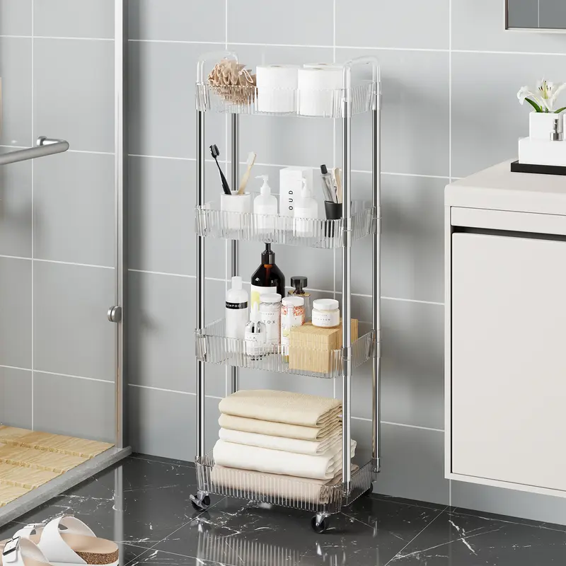 UDEAR 4 Tier Mobile Rolling Utility Cart with Handle, Multifunctional Metal Organiser Racks for Kitchen, Office, Bathroom, Laundry, and Makeup