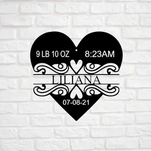 Personalized Newborn Metal Sign, Heart Shaped Monogram Metal Sign, Nursery Decor, Birth Milestone Display
