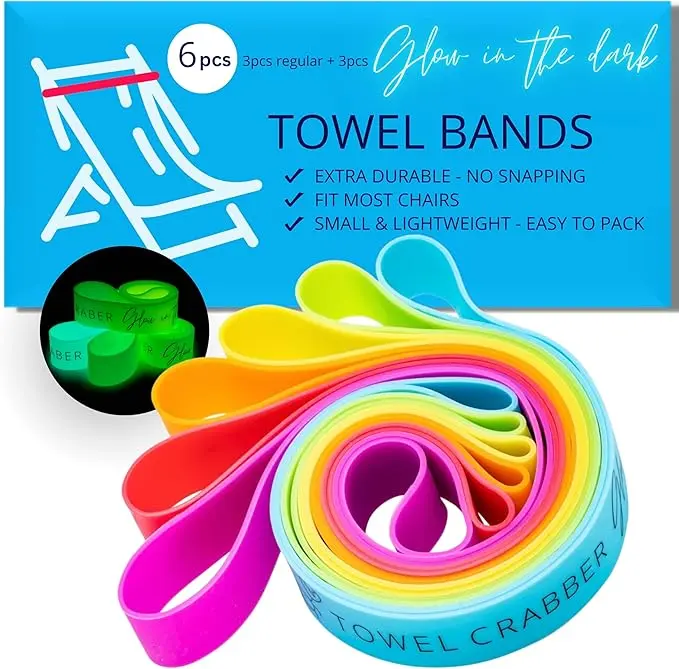 Towel Bands 6-Pack - Extra Durable, No Snapping, Cruise Ship & Beach Essentials Gift Set - 3 Regular + 3 Glow in The Dark Silicone Clips