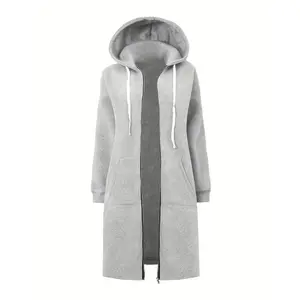 [Plus Size Long Hooded Pullover] Women's Plus Size Long Hooded Pullover, Elegant Polyester Knit Coat with Zipper, Solid Color, Spring/Autumn/Winter Fashion Outerwear