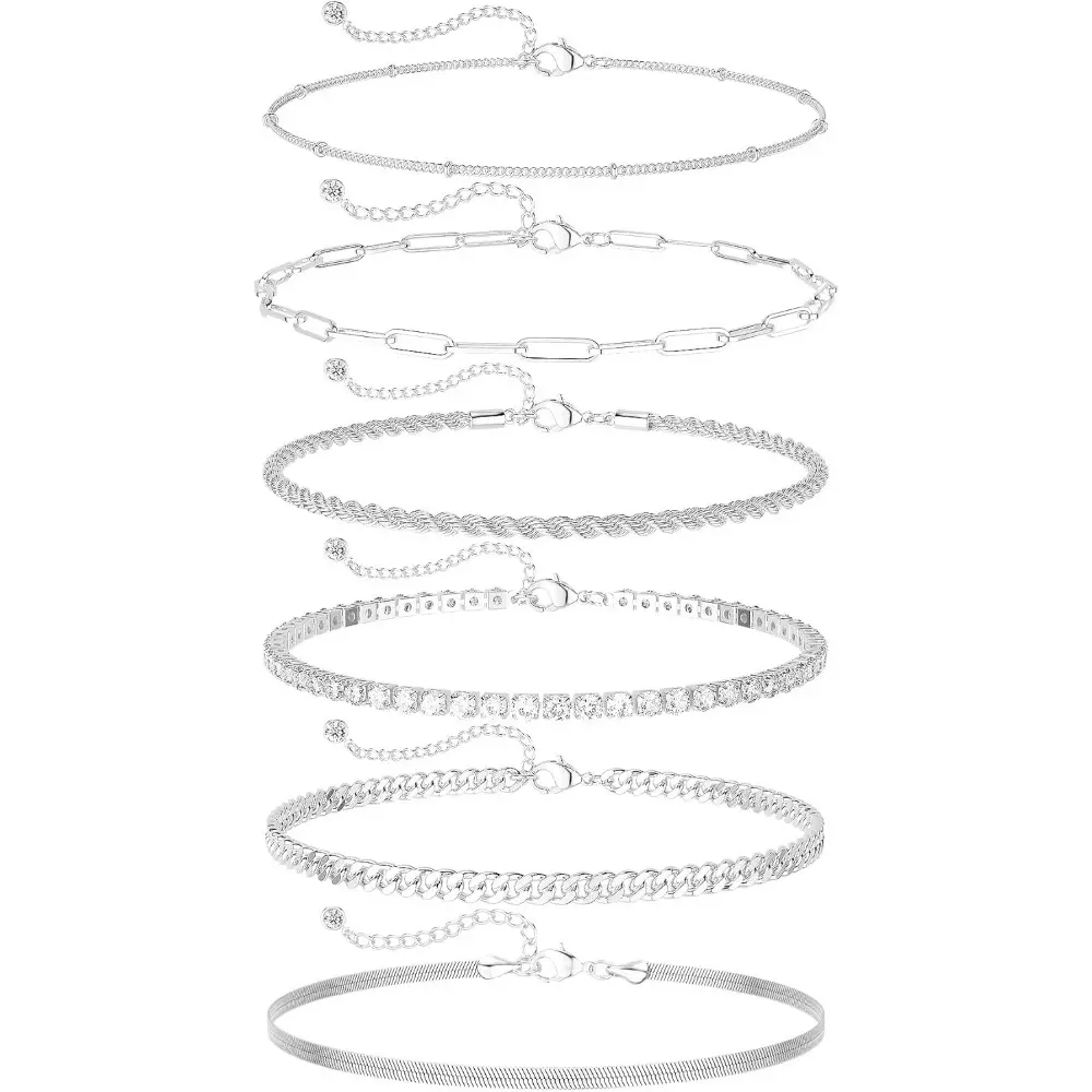 6pcs Dainty Silver Ankle Bracelets for Women Waterproof, Silver Anklets Jewelry Layered Cuban Chain Herringbone Cute Anklets Set Pack Summer Beach Gift for Women Teen - Home Improvement