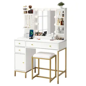 【GARVEE】Vanity Desk with Mirror, Makeup Vanity Table with Chair & Charging Station, Dressing Table with Drawers & Storage Shelves, Vanity Table Set for Bedroom Dressing Room, 3 Lighting Modes
