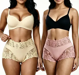 Women's 4PCS Wirarpa High-Waist Cotton Briefs - Soft Stretch, Breathable Lace, Painless Fit, Tummy Control, Anti-Roll Edge, Solid/Multi-Color Elastane Everyday Underwear fashion panty innerwear