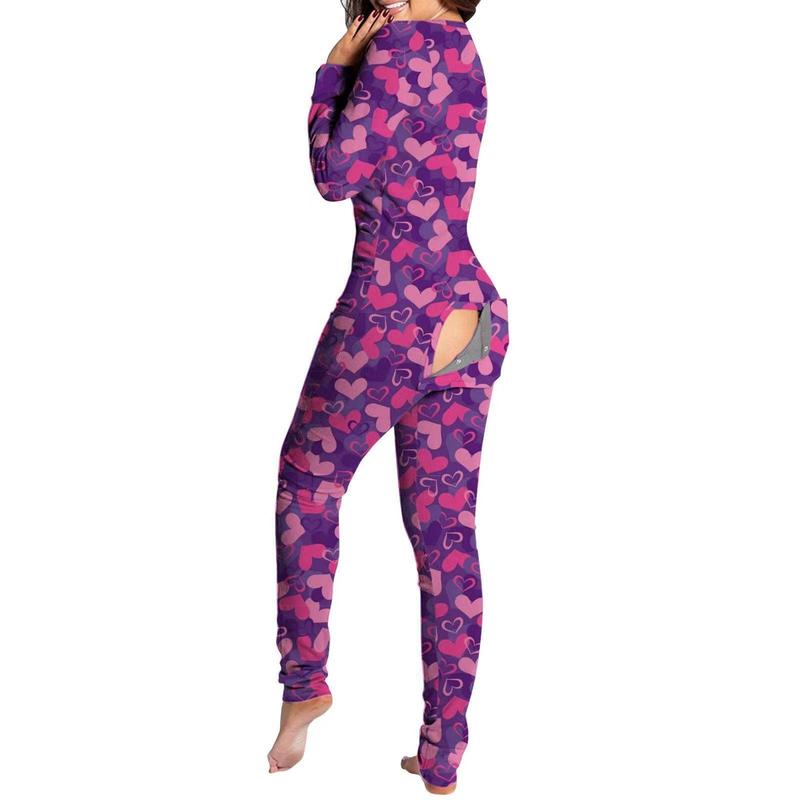 Full Length Holiday Valentines Day PJ Printed Sexy Stretchy Adult Pyjama Onesies With Buttflap