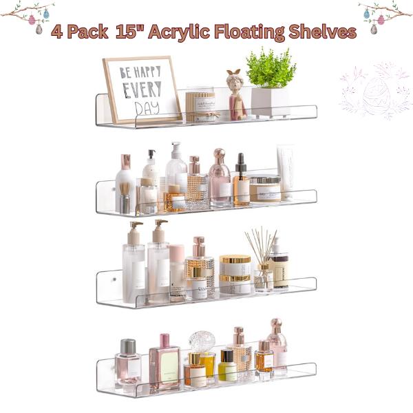 4 Pack Acrylic Floating Shelves-Modern Floating Wall Shelf Set,, 15 Inch Clear Book Shelf – Wall Mounted Display Organizer for Bathroom, Bedroom, Living Room, Kitchen, Classroom Decor- Perfect Valentine and Easter day gift 4 Pack Acrylic Floating Shelves-Modern Floating Wall Shelf Set,, 15 Inch Clear Book Shelf – Wall Mounted Display Organizer for Bathroom, Bedroom, Living Room, Kitchen, Classroom Decor- Perfect Valentine and Easter day gift