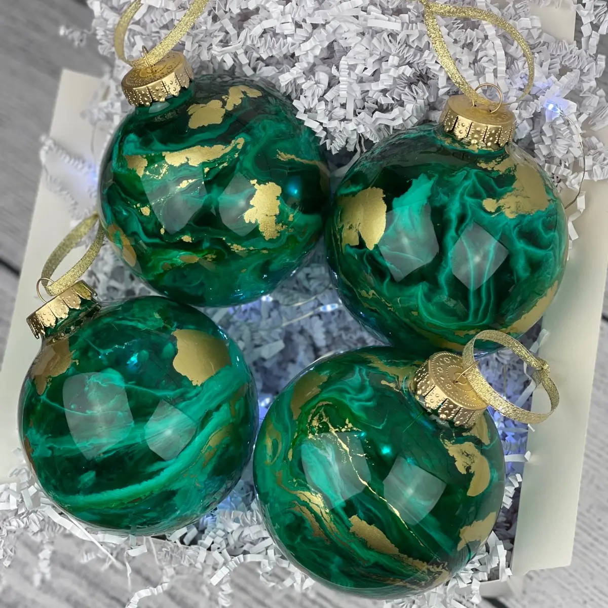 Emerald Green and Gold Alcohol Ink Epoxy Ornaments, 3”, plastic, Set of 4