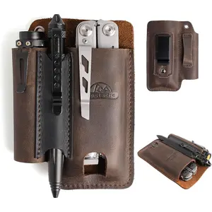Leather Multitool Sheath with Belt Clip EDC Belt Organizer for Flashlight Pen Dark Brown