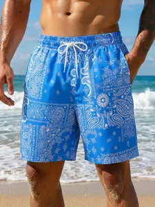 Men's Blue Paisley Print Quick Dry Swim Trunks - Lightweight Beach Shorts with Drawstring Waist & Side Pockets, Ideal for Pool, Beach & Summer Vacation