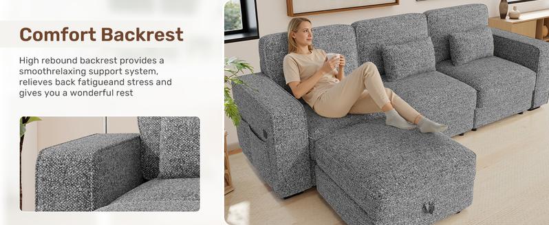 102" Convertible Sectional L-Shaped Sofa Couch with Storable Ottoman,Deep Seat Sofas for Living Room,Bedroom Apartment,with USB Type-C Ports and Pillow (Chenille,Beige)