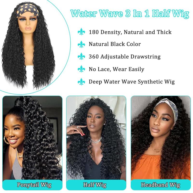 VOSILK Water Wave Half Wig 3 in 1 Drawstring Seamless Flip Over With Adjustable String Invisible Hairline Headband Wig Beginner Friendly Glueless Wig for Women