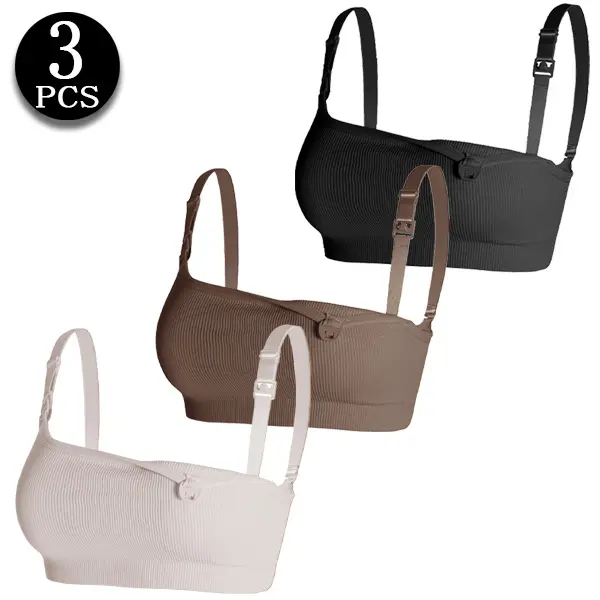 Women's 3-Pack Maternity Lactation Bras - S-XXL Plus Sizes, Front Clip Buckle, Wirefree, Ribbed Poly Spandex, Breathable All-Seasons Fabric, Seamless Panels, Solid Colors, Hands-Free Pumping Compatible, Pregnancy Essential, s, c24-168
