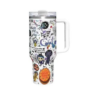 1pc 40oz Stainless Steel Tumbler with Lid & Straw, Coraline Dark Fantasy Style, Vacuum Insulated Thermal Cup, Travel Mug, Insulated Water Bottle, Gift for Horror Aesthetic & Animation Enthusiasts
